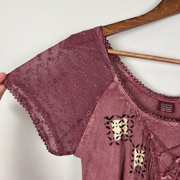 Jackpot‎ Tunic Top Womens OS One Size Fits Most Embroidered Lace Up Sheer Floral - Picture 4 of 14